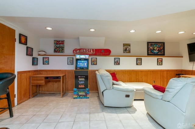7 Sherbone Pl, Sayreville, NJ 08859 - living area featuring wainscoting, recessed lighting, wooden walls, and light tile patterned floors