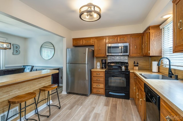 7 Sherbone Pl, Sayreville, NJ 08859 - kitchen with black appliances, a sink, brown cabinets, light countertops, and backsplash