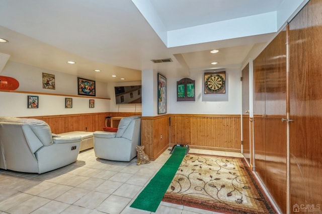 7 Sherbone Pl, Sayreville, NJ 08859 - living room with a wainscoted wall, recessed lighting, light tile patterned flooring, and wood walls