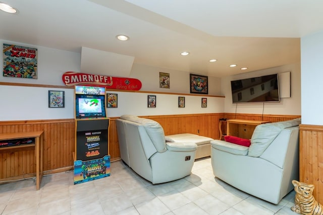7 Sherbone Pl, Sayreville, NJ 08859 - living room with wainscoting, wood walls, and recessed lighting