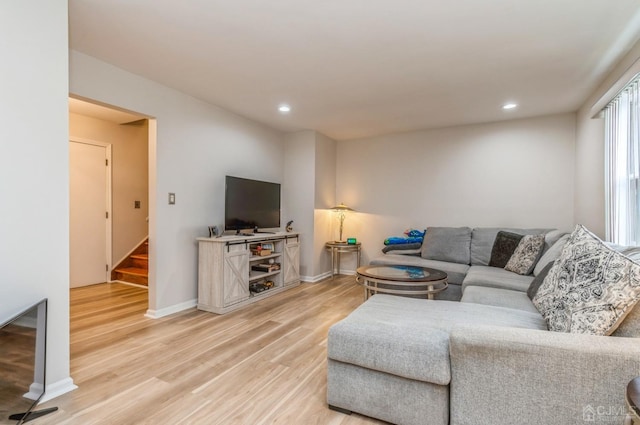 7 Sherbone Pl, Sayreville, NJ 08859 - living room featuring light wood-type flooring, stairs, baseboards, and recessed lighting