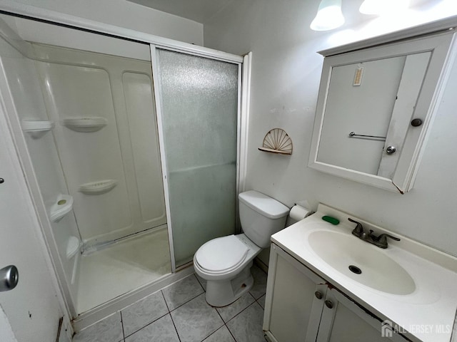 bathroom featuring walk in shower, tile patterned flooring, vanity, and toilet