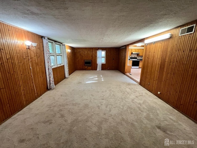 interior space with a textured ceiling and wooden walls