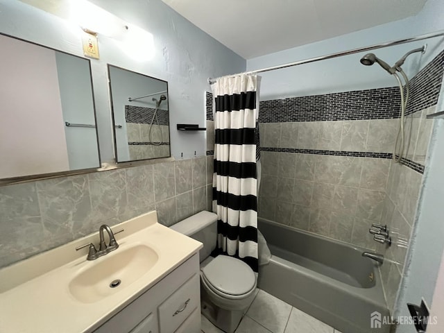 full bathroom featuring shower / tub combo, tile patterned flooring, tile walls, toilet, and vanity