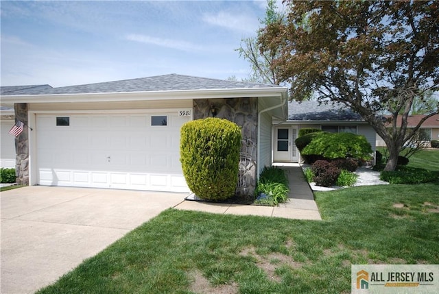 398 Fuchsia Plz Unit C, Monroe, NJ 08831 - ranch-style home featuring an attached garage, a front lawn, stone siding, and driveway