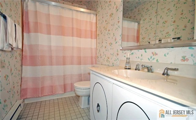 398 Fuchsia Plz Unit C, Monroe, NJ 08831 - bathroom with vanity, toilet, wallpapered walls, and a baseboard heating unit