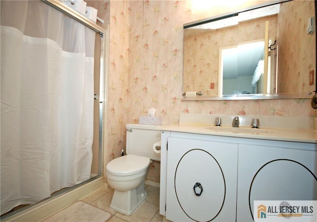 398 Fuchsia Plz Unit C, Monroe, NJ 08831 - full bathroom featuring wallpapered walls, toilet, tile patterned flooring, and a shower stall