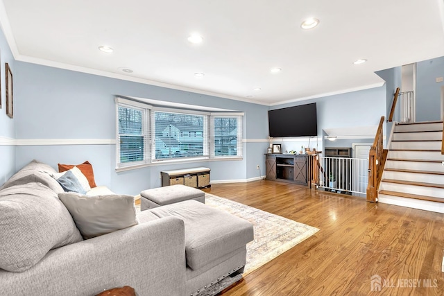 29 Dumas Rd, Old Bridge, NJ 08857 - living area featuring crown molding, wood finished floors, recessed lighting, and stairway
