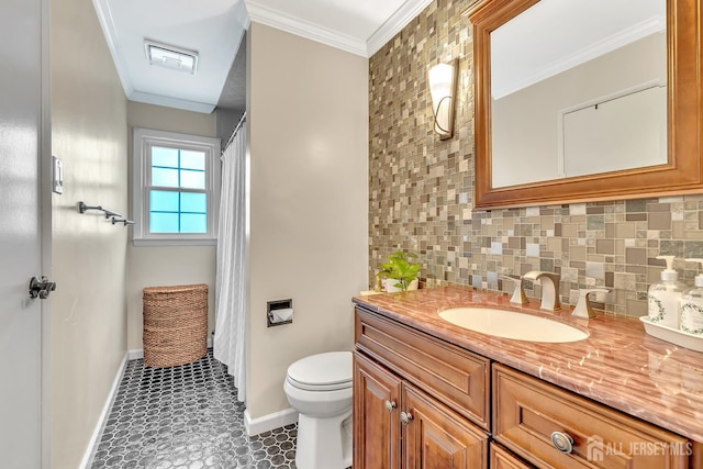 29 Dumas Rd, Old Bridge, NJ 08857 - full bathroom featuring vanity, crown molding, decorative backsplash, and curtained shower