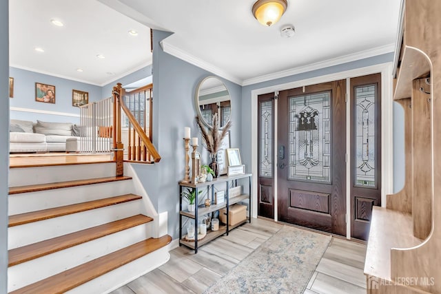 29 Dumas Rd, Old Bridge, NJ 08857 - entryway featuring stairway, crown molding, wood finished floors, and recessed lighting