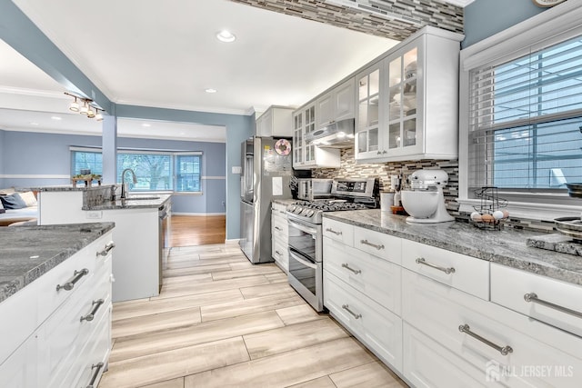 29 Dumas Rd, Old Bridge, NJ 08857 - kitchen featuring stainless steel appliances, backsplash, stone countertops, under cabinet range hood, and glass insert cabinets