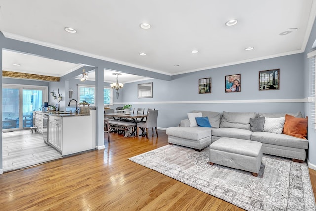 29 Dumas Rd, Old Bridge, NJ 08857 - living area featuring a chandelier, light wood-type flooring, crown molding, and recessed lighting