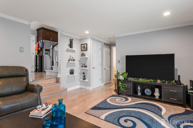 21 Haug St, Union Beach, NJ 07735 - living area featuring stairs, light wood-style flooring, recessed lighting, crown molding, and baseboards
