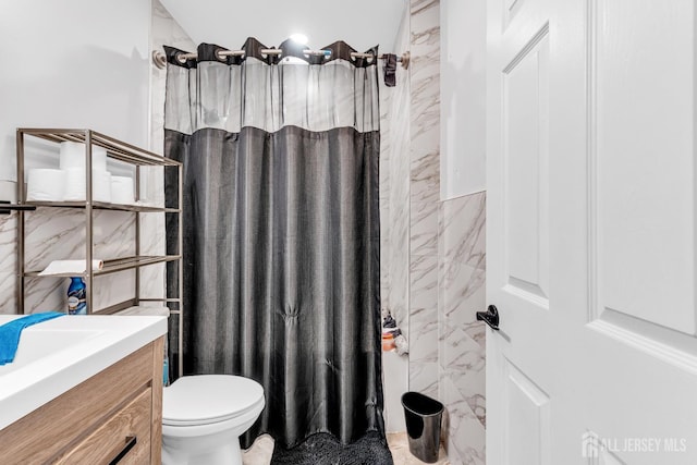 176 Main St, East Brunswick, NJ 08816 - bathroom featuring vanity, marble finish flooring, and curtained shower