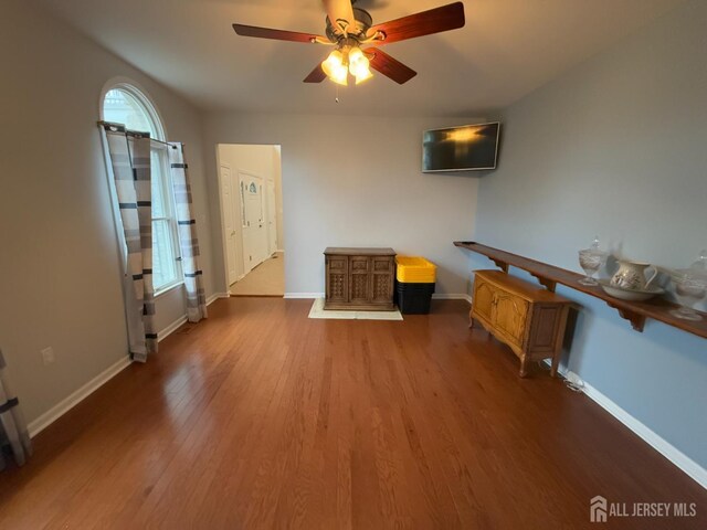 interior space with wood finished floors, ceiling fan, plenty of natural light, and baseboards