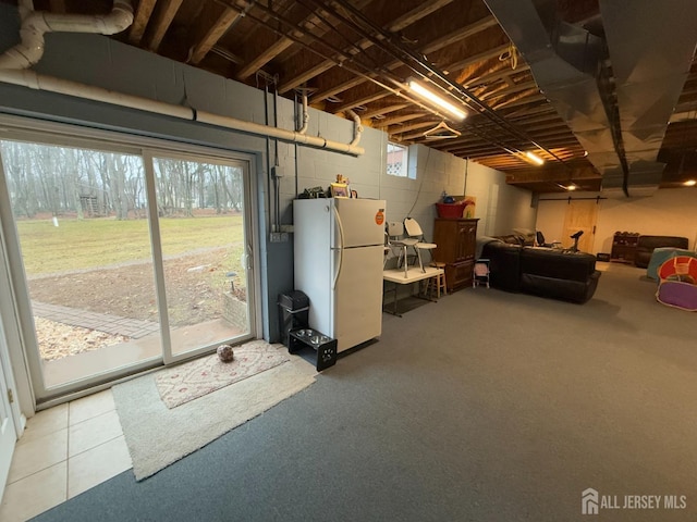 below grade area featuring freestanding refrigerator, plenty of natural light, and carpet