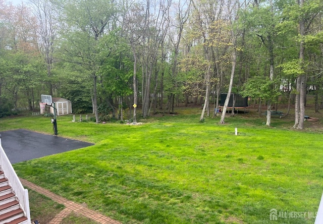 view of green lawn featuring a storage unit and an outbuilding