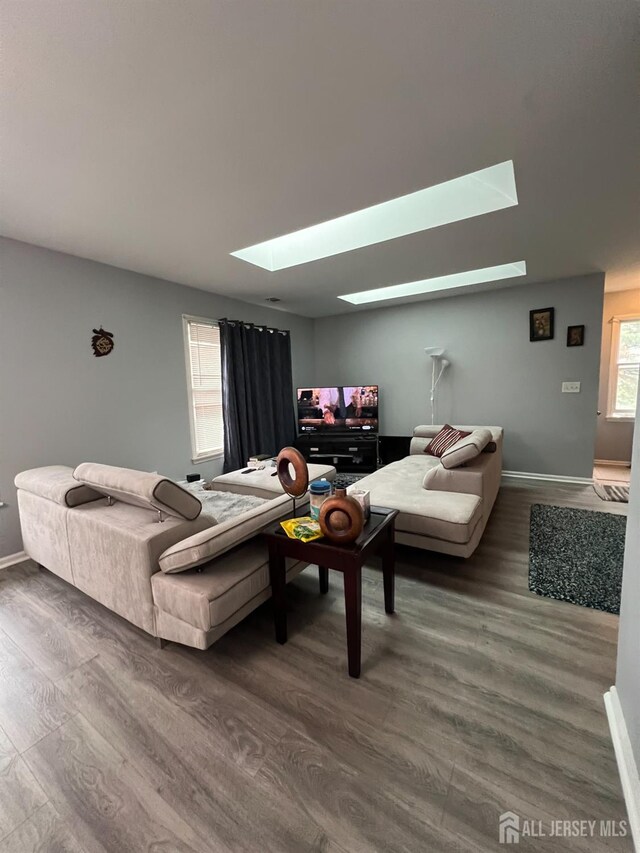 354 Burdock Ct, Readington, NJ 08887 - living room featuring a skylight, wood finished floors, and baseboards