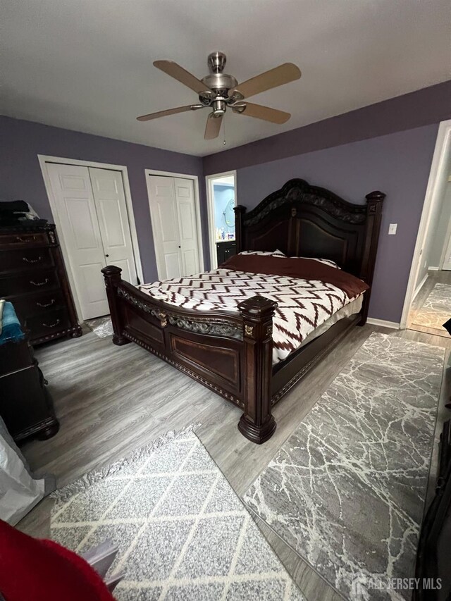354 Burdock Ct, Readington, NJ 08887 - bedroom with light wood finished floors, multiple closets, baseboards, and a ceiling fan