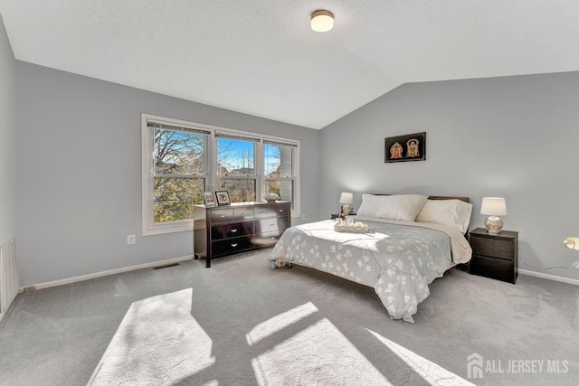 carpeted bedroom with lofted ceiling