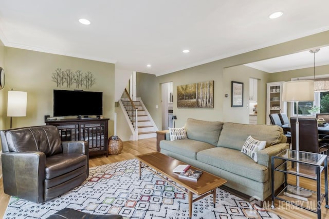 117 Osceola Ave, Middlesex, NJ 08846 - living area featuring wood finished floors, crown molding, stairway, and recessed lighting