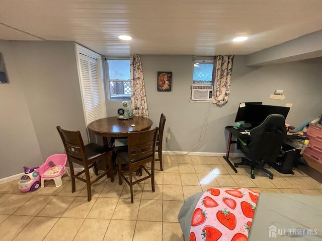 dining area featuring baseboards, recessed lighting, and light tile patterned floors