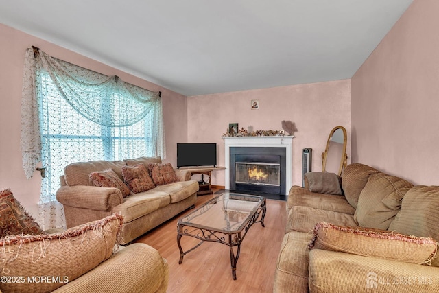 11 Patio Ct, Monroe, NJ 08831 - living area with wood finished floors and a fireplace with flush hearth
