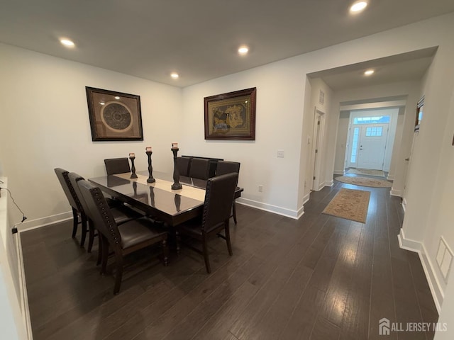 dining space featuring recessed lighting, visible vents, baseboards, and dark wood finished floors