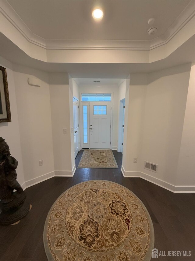43 Starlight Dr, Monroe, NJ 08831 - entrance foyer with dark wood-style flooring, ornamental molding, a raised ceiling, and baseboards
