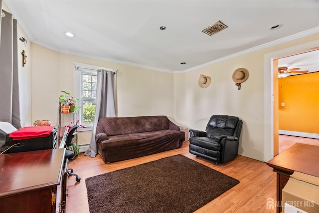 203 Lincoln Blvd, Middlesex, NJ 08846 - living room with light wood finished floors, crown molding, a baseboard radiator, a ceiling fan, and recessed lighting