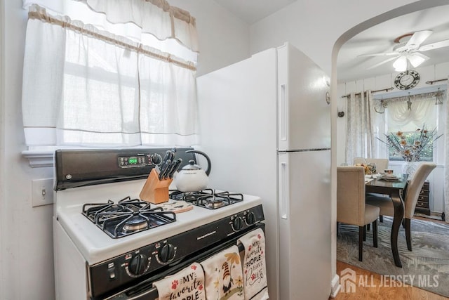 kitchen featuring a wealth of natural light, ceiling fan, white appliances, and hardwood / wood-style flooring