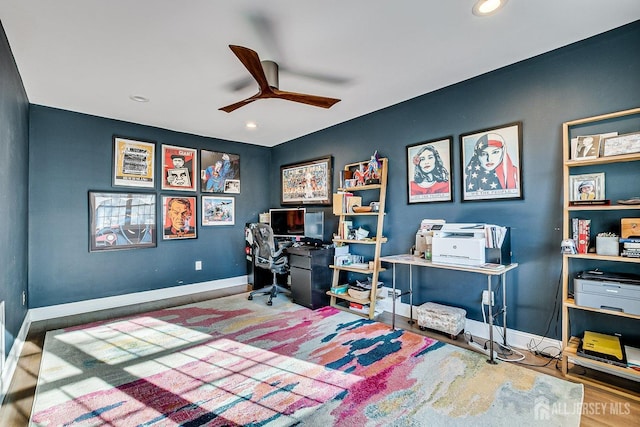 office area featuring wood finished floors, recessed lighting, a ceiling fan, and baseboards