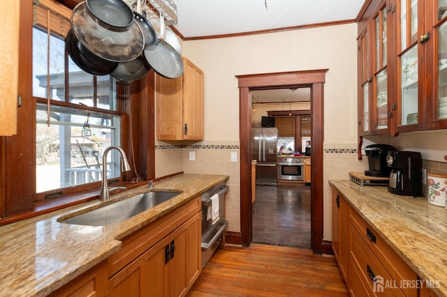 kitchen with light stone counters, a sink, ornamental molding, appliances with stainless steel finishes, and hardwood / wood-style floors