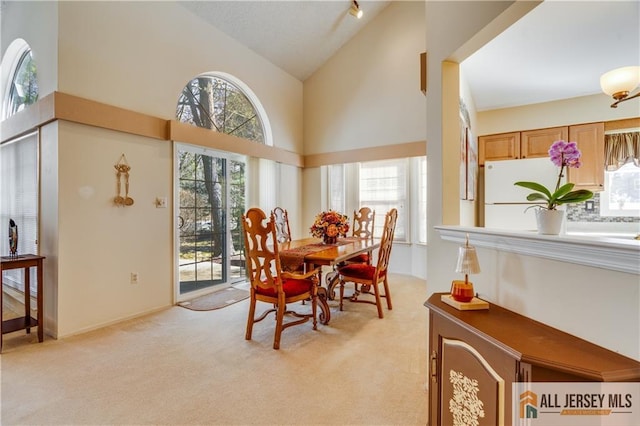 dining space featuring high vaulted ceiling and light carpet