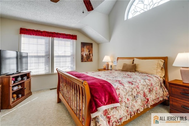 bedroom featuring lofted ceiling, multiple windows, carpet floors, and a textured ceiling