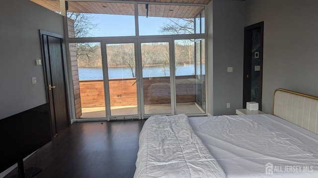 bedroom featuring multiple windows, a water view, and dark hardwood / wood-style flooring