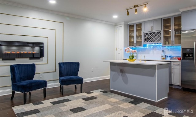 23 Keswick Cir, Monroe, NJ 08831 - kitchen with stainless steel refrigerator with ice dispenser, a kitchen island, light countertops, gray cabinetry, and crown molding