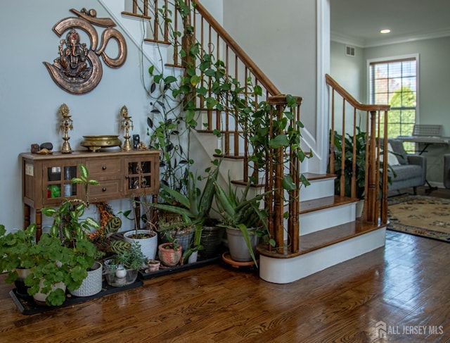 23 Keswick Cir, Monroe, NJ 08831 - stairs featuring crown molding and wood finished floors