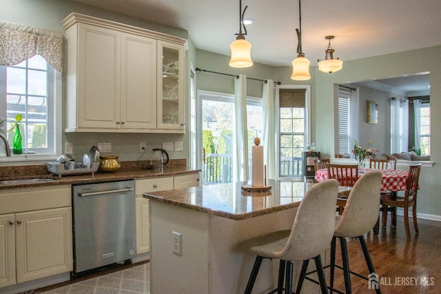 23 Keswick Cir, Monroe, NJ 08831 - kitchen featuring dishwasher, a sink, glass insert cabinets, dark stone counters, and white cabinetry