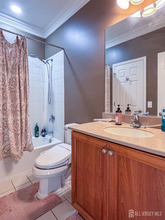 23 Keswick Cir, Monroe, NJ 08831 - bathroom with tile patterned floors, crown molding, vanity, toilet, and shower / bath combination with curtain