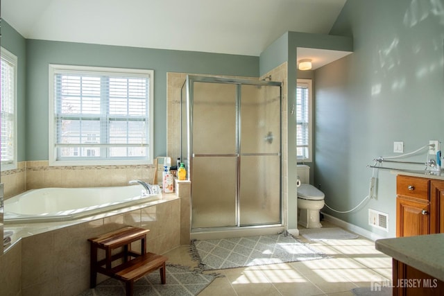 23 Keswick Cir, Monroe, NJ 08831 - bathroom with vanity, toilet, a bath, and a stall shower