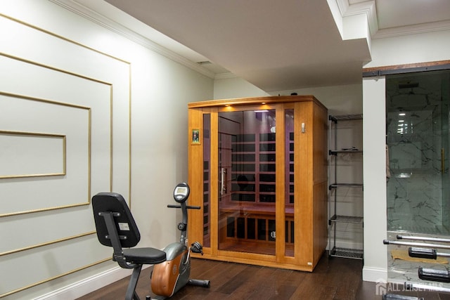 23 Keswick Cir, Monroe, NJ 08831 - exercise room featuring wood finished floors, ornamental molding, baseboards, and a relaxing sauna