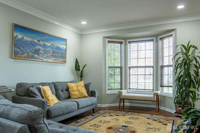 23 Keswick Cir, Monroe, NJ 08831 - living area featuring baseboards, wood finished floors, ornamental molding, and recessed lighting