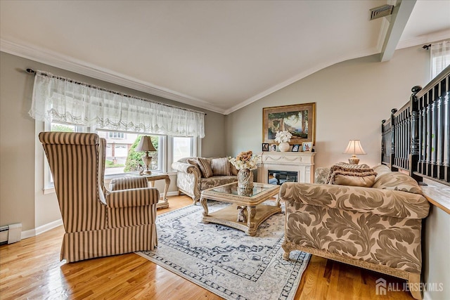 10 Rainbow Dr, Colonia, NJ 07067 - living area with light wood-type flooring, plenty of natural light, ornamental molding, vaulted ceiling, and a glass covered fireplace