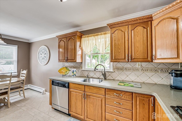 10 Rainbow Dr, Colonia, NJ 07067 - kitchen featuring stainless steel appliances, light countertops, tasteful backsplash, light tile patterned flooring, and ornamental molding