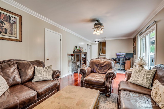 10 Rainbow Dr, Colonia, NJ 07067 - living room with wood finished floors, crown molding, and a ceiling fan