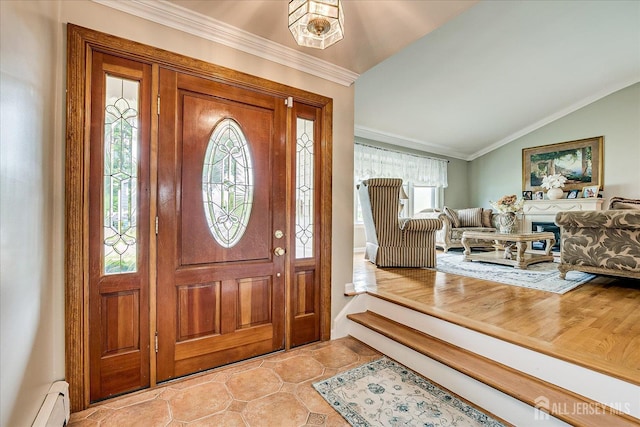 10 Rainbow Dr, Colonia, NJ 07067 - foyer entrance featuring baseboard heating, lofted ceiling, and crown molding