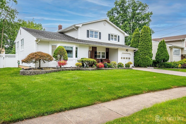10 Rainbow Dr, Colonia, NJ 07067 - traditional-style home with a chimney, concrete driveway, roof with shingles, and a garage