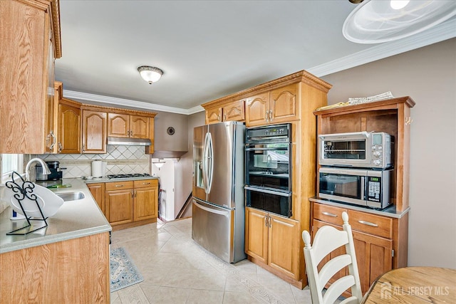 10 Rainbow Dr, Colonia, NJ 07067 - kitchen with appliances with stainless steel finishes, a warming drawer, backsplash, under cabinet range hood, and crown molding