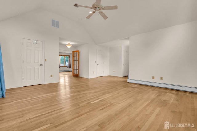 unfurnished living room with a baseboard radiator, light wood-style flooring, vaulted ceiling, a ceiling fan, and baseboards
